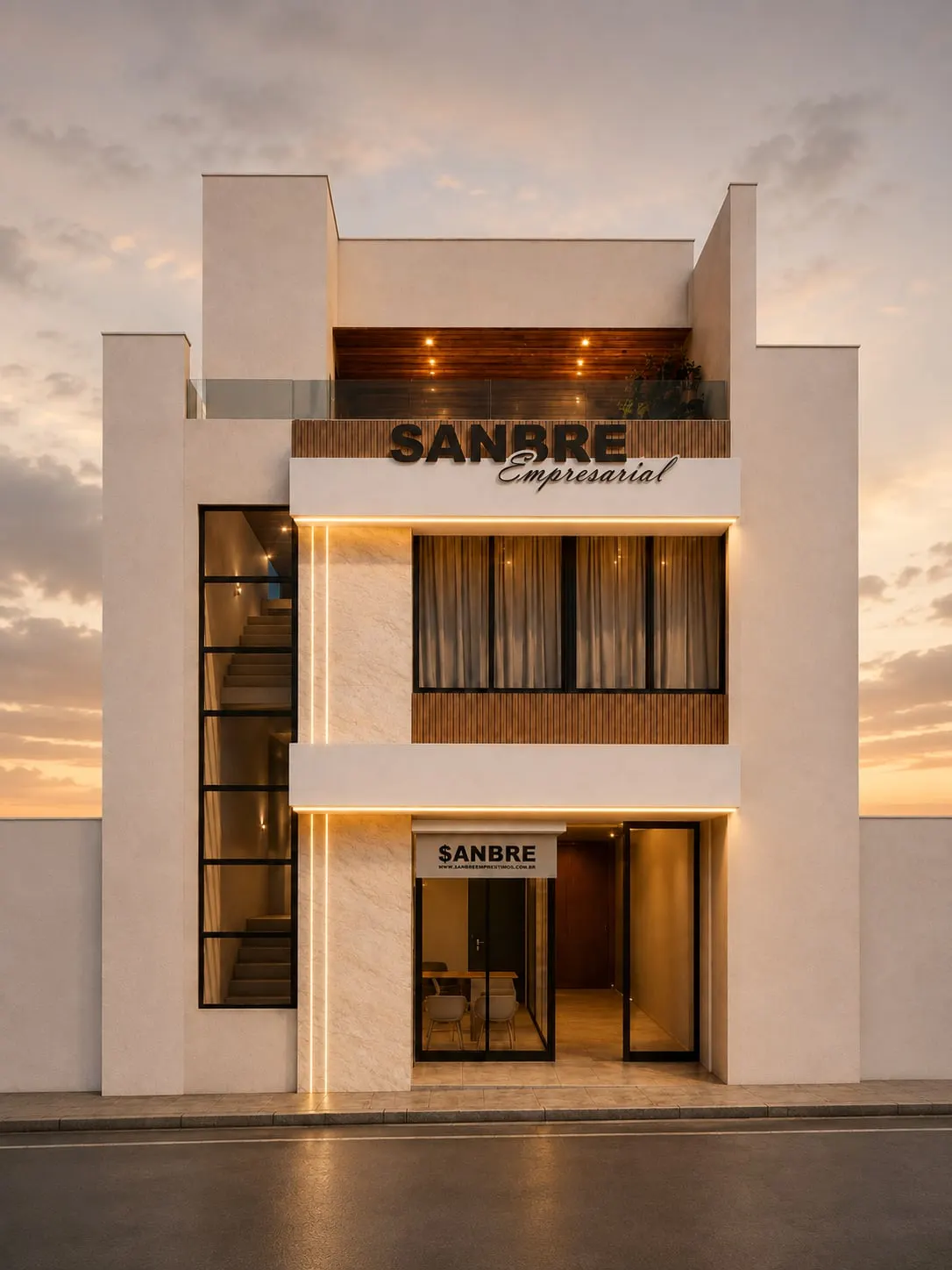 Fachada do prédio da Sanbre Empresarial iluminada ao fim da tarde