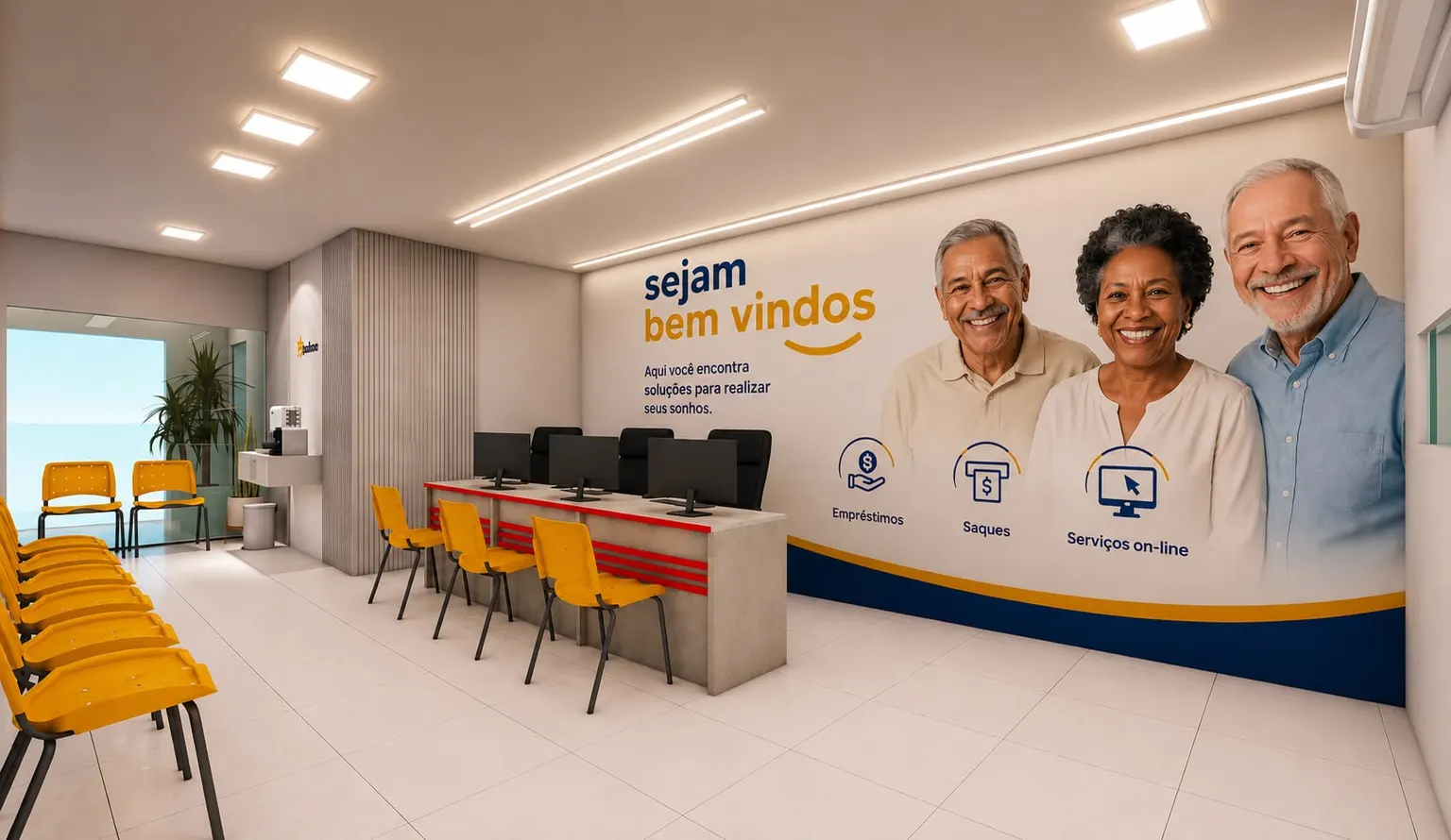 Salão de atendimento da Sanbre, com guichês, cadeiras de espera e painel de boas-vindas