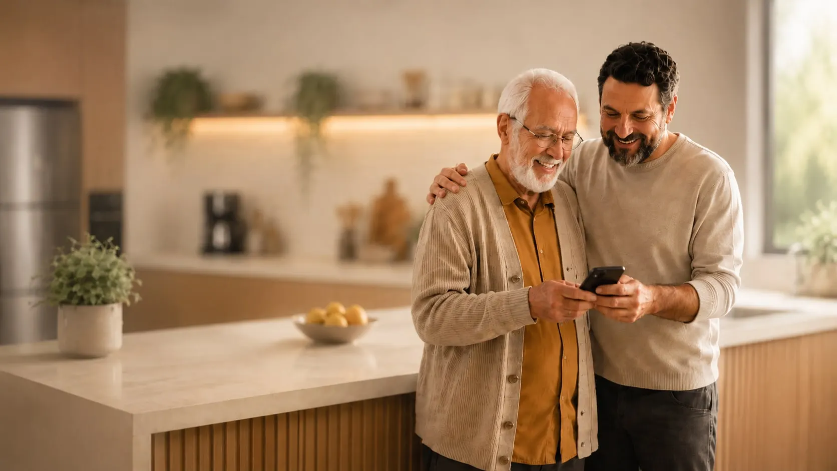 Pai e filho conferindo a simulação no celular, na cozinha de casa